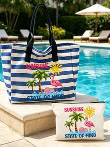 Large Capacity Blue & White Striped Beach Tote Bag, Summer Theme "SUNSHINE" Print, Foldable Canvas Shoulder Bag, Waterproof & Sandproof Travel Bag, Suitable For Summer Essentials, Perfect For Beach Trips, Swimming, Shopping And Daily Use, Ideal For Women, Travelers And Beach Lovers, Great For Spring Break, Easter, Vacation And Gifts, Can Be Used As Beach Bag, Shopping Bag And Travel Companion, Back To School Gift - Multicolor - View 8