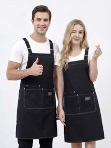 1pc Premium Canvas Kitchen Apron (Black), Adjustable Shoulder Strap Apron, Double Shoulder Strap Apron, Unisex, With 2 Large Pockets And 1 Small Pocket, Suitable For Chef Cooking, Gardening, BBQ, Cafe, Painting, Baking, Hairdressing And Nail Art - A - View 1