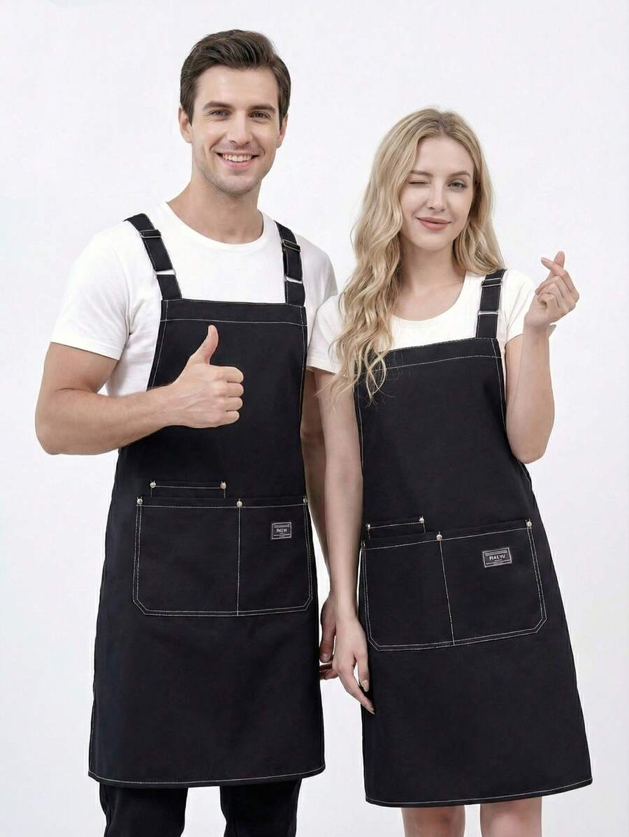 1pc Premium Canvas Kitchen Apron (Black), Adjustable Shoulder Strap Apron, Double Shoulder Strap Apron, Unisex, With 2 Large Pockets And 1 Small Pocket, Suitable For Chef Cooking, Gardening, BBQ, Cafe, Painting, Baking, Hairdressing And Nail Art - A - View 1