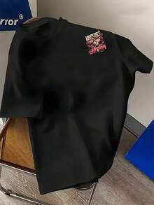 Camiseta Casual de Manga Corta para Hombre - Estampado Floral y de Letras, Cuello Redondo, Top de Verano, Lavable a Máquina, Corte Ajustado, Tela Resistente - Negro - Ver 5