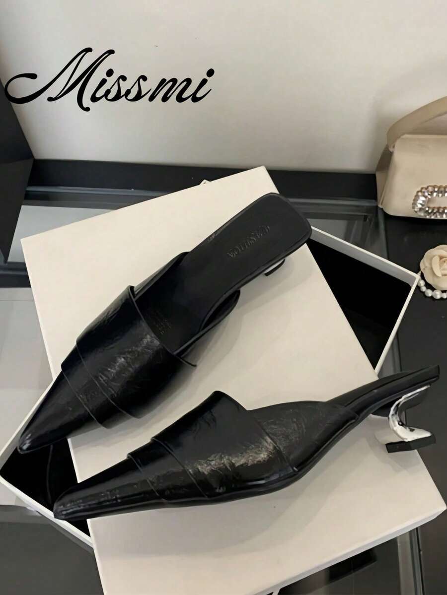 2026 Spring/Summer French Style Satin High Heel Mules, Pointed Toe Rhinestone Decor Slip-On Sandals, Pink,Kitten Heels - Black - View 1