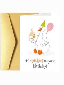 1Pc Cute Hand Drawn Duck Birthday Greeting Card, Pun Quote "Go Quackers On Your Birthday", Party Hat Cupcake & Pink Balloon Illustration, Minimal White Background Sweet Animal Lover Gift - Multicolor - View 8