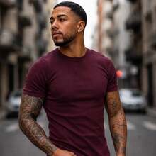 American Ribbed Fitted T-Shirt, Gringa Style, Slim Fit, Casual, Premium Men's Spring/Summer - Maroon - View 4