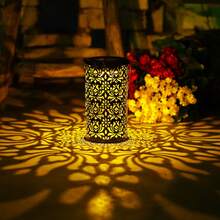 1pc Vintage Floral Hollow Solar Lantern, Portable Handle Metal Solar Projection Light, Garden Tabletop Decor Hanging Lamp - Large Peony Lantern - View 1