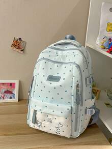 Blue & White Star Heart Backpack, Girl's Musical Note Embroidery School Bag, Birthday Gift Commuter Backpack For Middle & High School Students - Blue - View 2