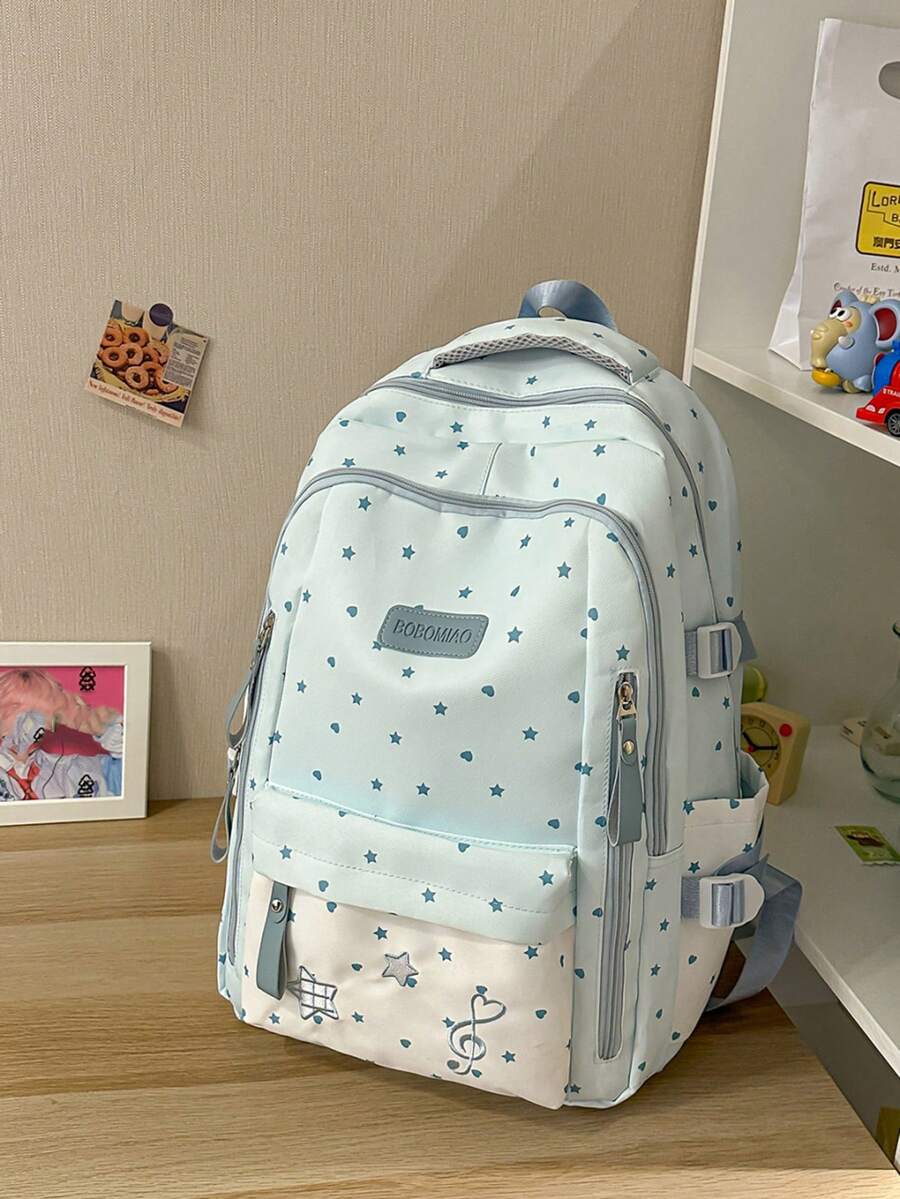 Blue & White Star Heart Backpack, Girl's Musical Note Embroidery School Bag, Birthday Gift Commuter Backpack For Middle & High School Students