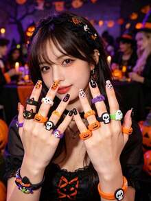 12pcs Cartoon Halloween Rings Set, Includes Rubber Material Cute Ghost, Skeleton, Pumpkin, Witch And Black Cat Designs, Suitable For Halloween Party Decoration, Holiday Display And Party Supplies, Can Be Used As Decoration To Create Fun Random Style - Multicolor - View 2