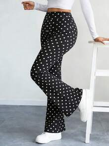 Women's High Waist Sports Flared Pants, Tummy Control Black & White Polka Dot Print Elastic Long Pants Fall - Black and White - View 3