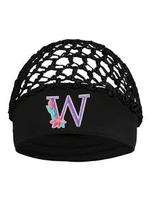 女款花卉刺繡字母網紗帽－個性化字母首字母彈性寬邊髮帽，鉤編鏤空夜間睡眠帽 - 黑色 - 查看 5