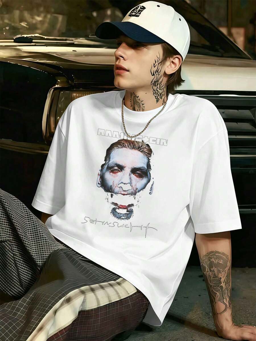 Rammstein Herren-T-Shirt mit Grafikprint, 100 % Baumwolle, lockere Passform, Hip-Hop-Streetstyle, Grafikdesign. - Weiss - Übersicht 1