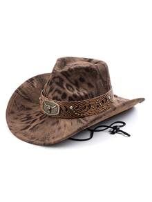 1pc Women's Original Fashionable Leopard Print Rivet Cowhide Belt Vintage Windproof Wide Brim Hat, Unisex European And American Style Western Cowboy Hat, Fashionable Minimalist Versatile Jazz Hat, Suitable For Daily Wear, Party, Western Theme Event, Gathering, Role Play, Graduation Ceremony, Costume Party, Festival, Birthday Celebration, Concert (Hat Chain Can Be Matched Individually) - Top Hat 1 - View 14