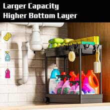 Under Sink Storage Rack, 2-Tier Bathroom Cabinet Organizer With Hooks, Multi-Purpose Storage Basket Shelf, Storage Rack, Home Storage Rack, Suitable For Kitchen, Living Room, Bedroom, Office, Commercial Restroom And Bathroom, Multi-Functional Storage Basket - View 8