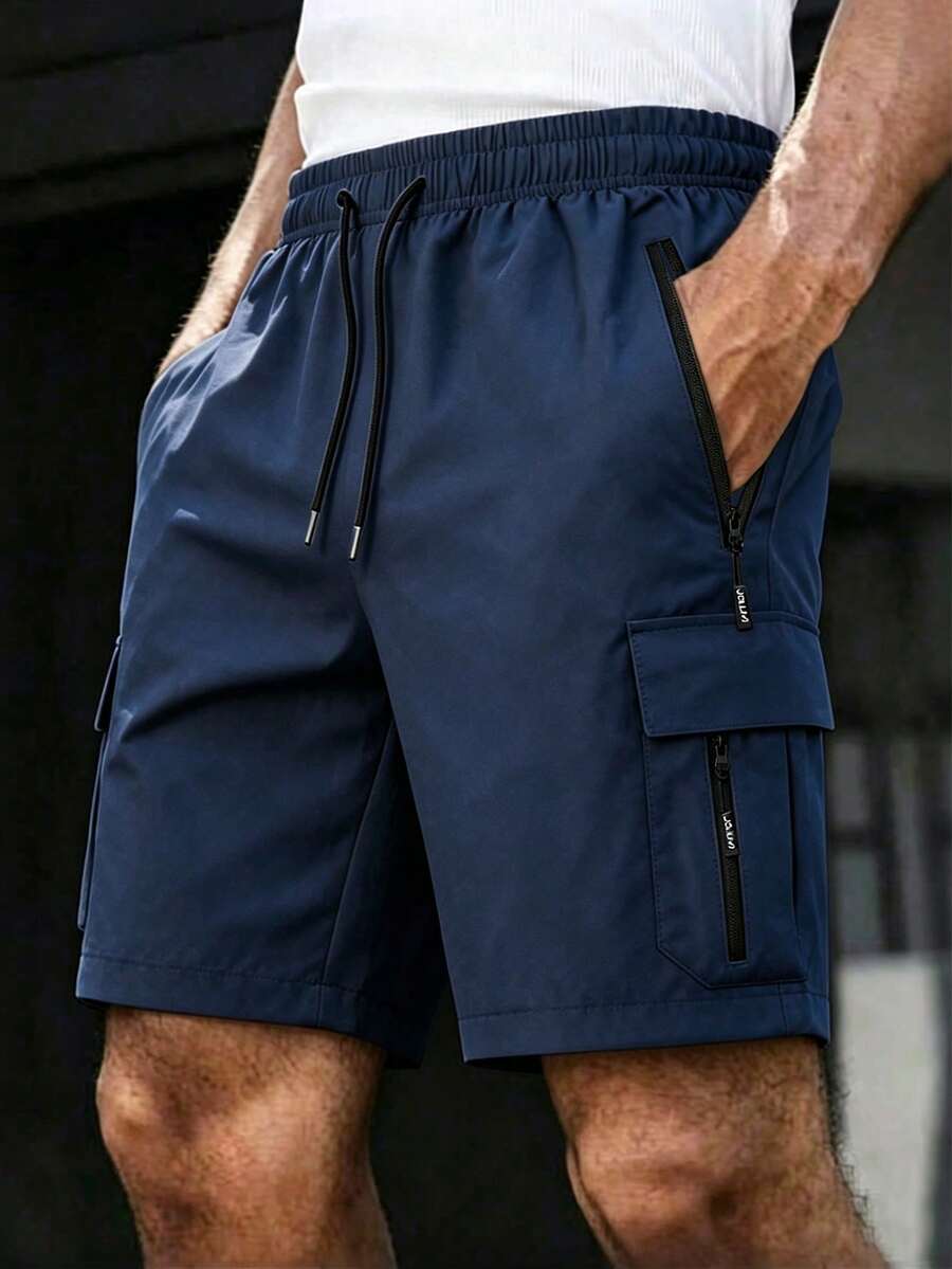 男士夏季戶外休閒工裝短褲，極簡跑步多口袋百慕達運動短褲 - 藍色 - 查看 1