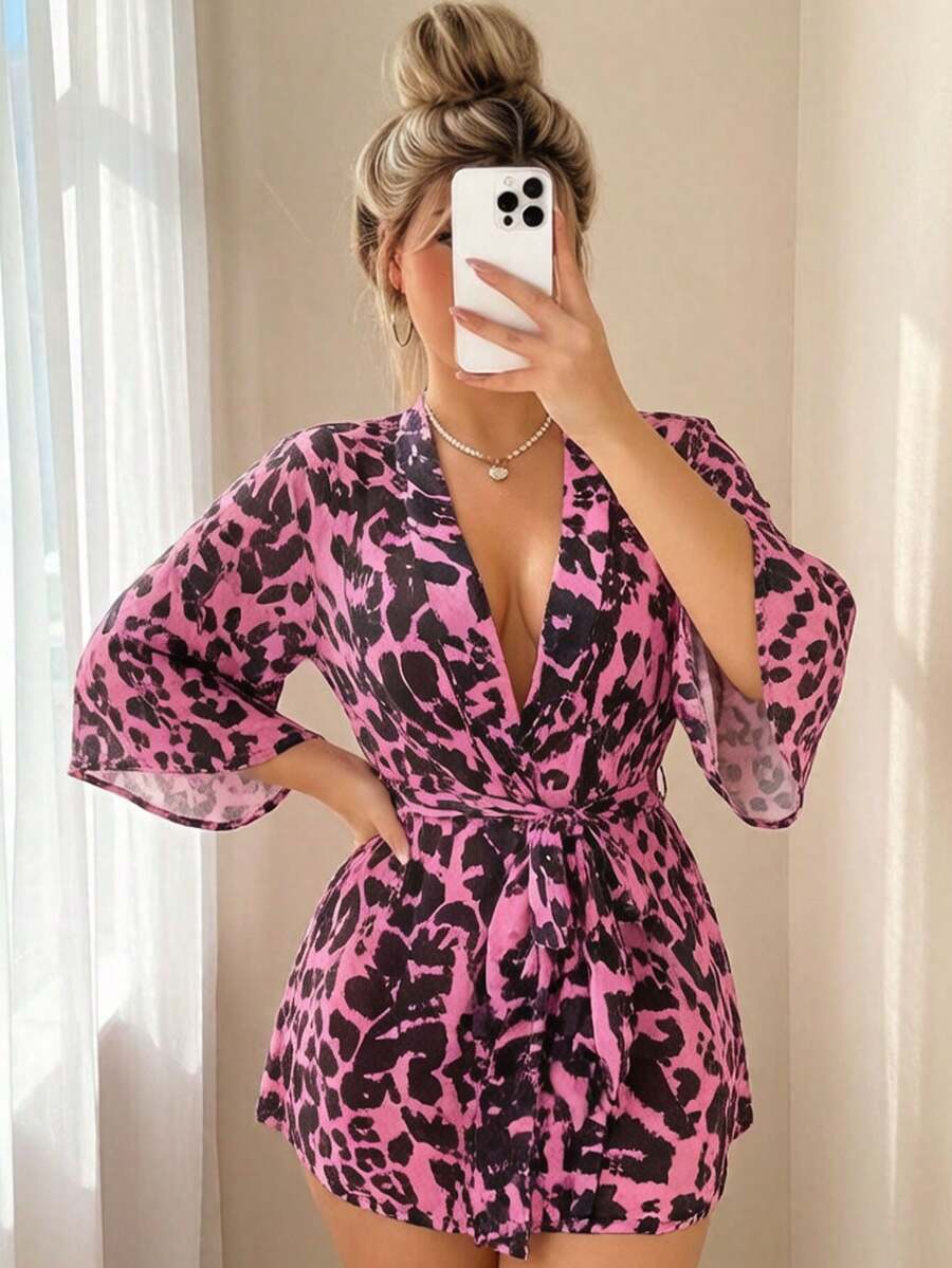 Pink Leopard Print Deep V-Neck Tie Waist Fitted Long Sleeve Sexy Mature Style Nightgown, Suitable For Vacation, Party Or Date - Multicolor - View 1