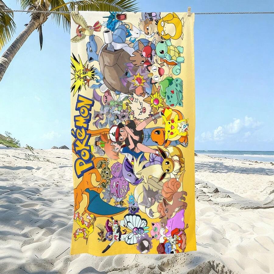 1件全角色拼貼海灘浴巾,黃色背景,印有小智、小霞、小剛及第一代陣容,超細纖維材質,適合動漫迷與兒童夏季海灘度假 - 彩色 - 查看 1