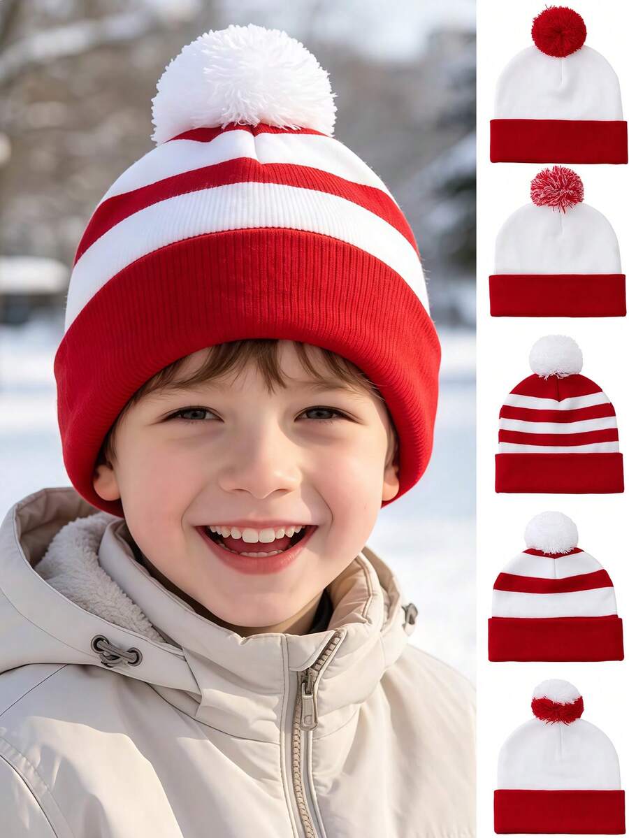 1pc 8-16 Years Old Christmas Red & White Fashion Striped Pom Pom Beanie, Warm & Cold-Proof, Suitable For Cold Winter, Boys & Girls - Multicolor - View 1