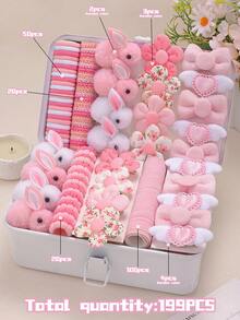 199pcs Pink Kids Sweet Cute Hair Accessories Set, Includes 3D Plush Rabbit/Flower/Heart Wings/Bow Hair Clips And Multiple High Elasticity Basic Hair Ties, Suitable For Children's Daily/Party/Photo Use - Multicolor - View 12