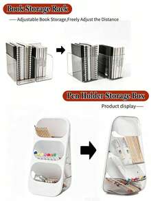 1/2pcs Desktop Storage Set, Bookend & 3-Tier Pen Holder, Adjustable Transparent PET Desktop Organizer, Space-Saving Stationery Storage, Suitable For Office, Home, School Study Room - Multicolor - View 5