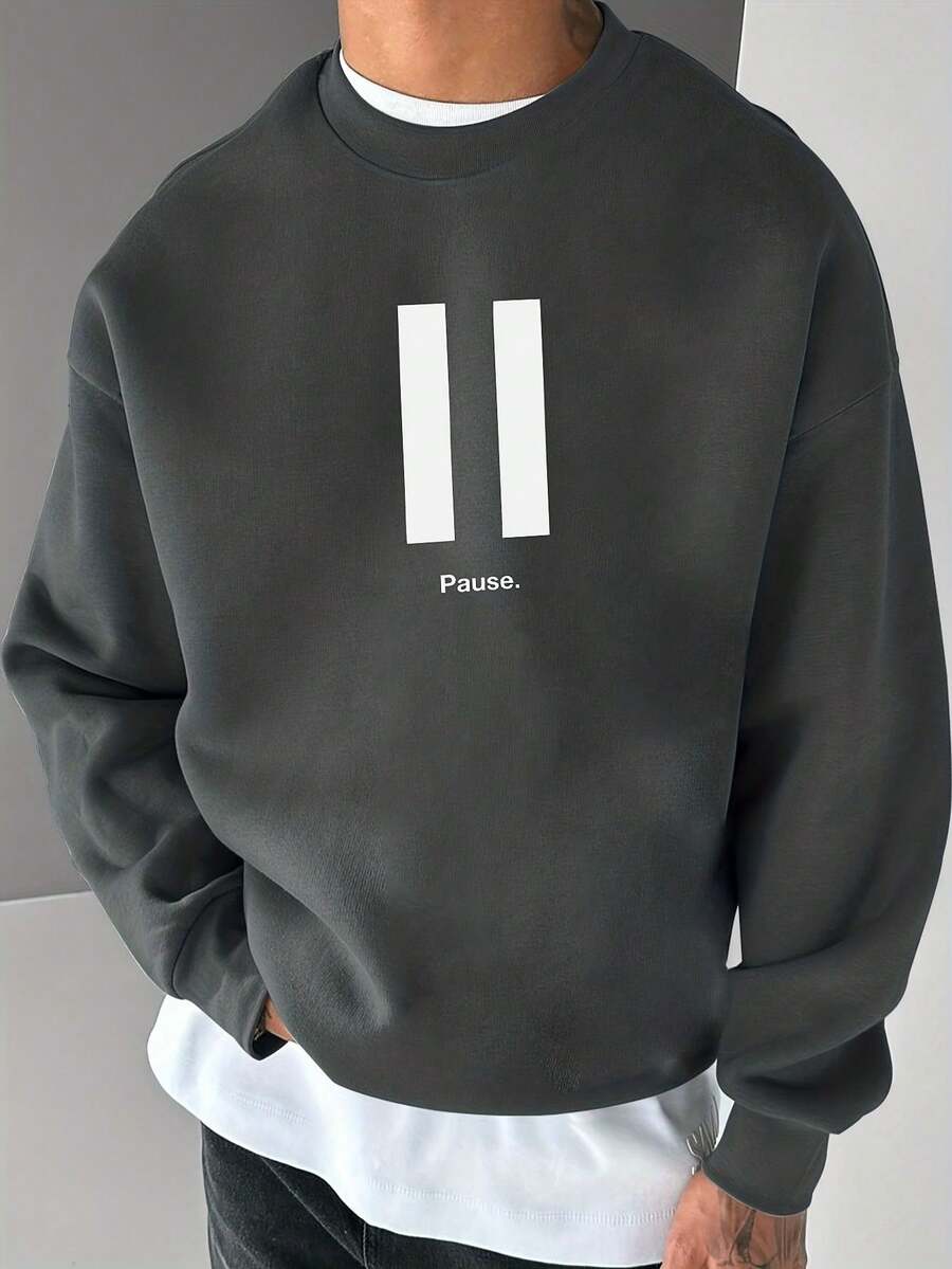 SU ER Men's Casual Crew Neck Sweatshirt, Autumn/Winter, Street Style Essential - Dark Grey - View 1