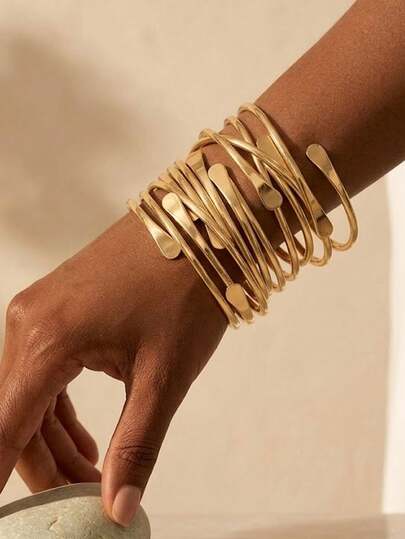 5pcs Gold Cuff Bracelets For Women, Chunky Multi-Layer Wire Bangle, Wide Statement Wrap Bracelet, Boho Fashion Jewelry Gift