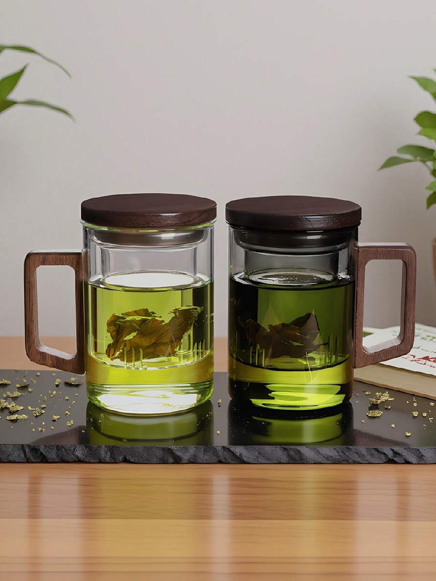 1件 13.5盎司/400毫升玻璃茶壺附濾茶器，玻璃茶壺，適用於散裝茶葉的茶濾器，附濾茶器茶壺，附蓋可浸泡的馬克杯，實木手柄，微波爐適用，適合茶、咖啡、牛奶，適用於客廳、廚房、辦公室、茶會