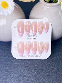 10 piezas de uñas postizas hechas a mano, uñas falsas, uñas de verano, uñas con puntas francesas rosa suave, decoradas con racimos de pequeñas cuentas de perlas blancas y tachuelas de flores blancas translúcidas 3D con centros dorados en miniatura, para citas y ocasiones de boda nupcial. - Rosa - Ver 13
