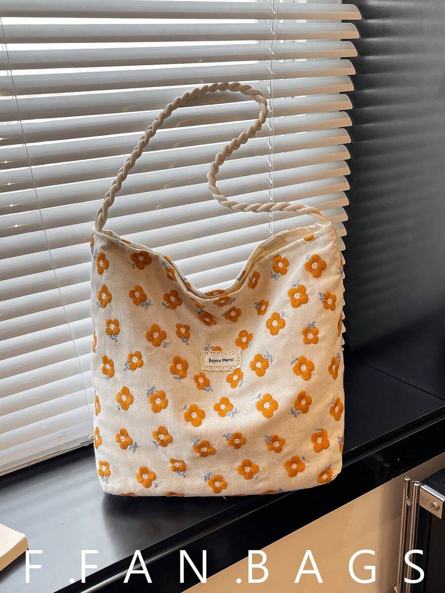 Slouchy Fairy Floral Canvas Tote Bag For Women 2026 New Fashion Lace Large Capacity Shopping Bag - Multicolor - View 1