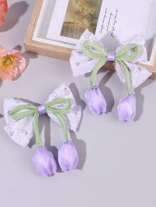 2pcs Pink Tulip Girl Bow Hair Clips, Satin Wavy Lace Edge Bow Hair Clips, Cute Flower Hair Accessories, Suitable For Daily Party Children Hair Accessories - Purple - View 8