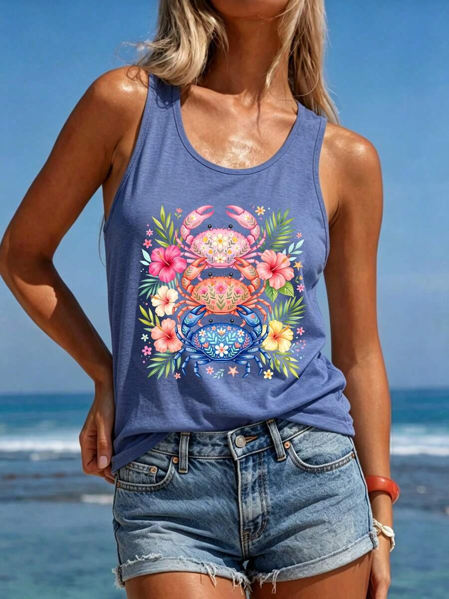 Bestseller Tropical Hibiscus Stack Crab Floral Graphic Women's Tank Top, For Hawaii Beach Vacation Coastal Ocean Lover Seaside Daily Shopping - Navy Blue - View 1