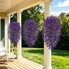 1pc Artificial Hanging Plant, Bright Red Outdoor Faux Flower With Green Leaves, Suitable For Mother's Day, Wedding, Garden, Porch And Home Decor Bouquet, Party Decoration Faux Flower, Holiday Gift, Indoor/Outdoor Universal - Purple-blue - View 6