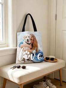 Bolsa de tela personalizada con foto, bolso de mano de gran capacidad de lona de algodón con impresión personalizada, tela duradera, área reservada para nombre de la novia y texto de la fiesta personalizados, adecuado para novias, damas de honor, amantes de mascotas, ideal para regalos de despedida de soltera, reuniones de damas de honor, uso diario, recuerdo de preboda temático, temporada de vuelta al colegio, regalo personalizado para el Día del Maestro - Multicolor - Ver 5