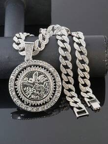 Rhinestone Cuban Chain With Mexican 50 Pesos Angel Coin Pendant, Hip Hop Shiny Crystal Necklace, Unisex - Rotating Angel Pendant Necklace - View 18