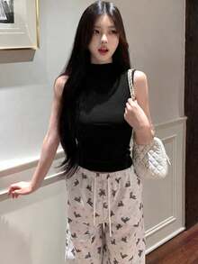 美式性感短版高領無袖T恤，彈性貼身修身背心上衣，適合夏季 - 黑色 - 查看 3