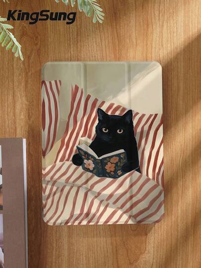 Kingsung Red Striped Black Cat Pattern Tablet Case, Suitable For IPad Air 8 (Model M4), 2026 11 Inches/13 Inches, 9.7/10.2/10.5/10.9/12.9 Inches, Pro 11 Inches, 10th Generation , Galaxy Tab S6 Lite 10.4-Inch, Kindle Paperwhite 2024 12th Generation, Kindle 2022 11th Generation. It Has Shockproof Function And Intelligent Bracket, Automatic Wake-Up And Sleep Function.