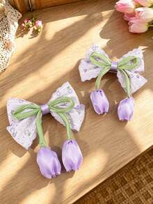 2pcs Pink Tulip Girl Bow Hair Clips, Satin Wavy Lace Edge Bow Hair Clips, Cute Flower Hair Accessories, Suitable For Daily Party Children Hair Accessories - Purple - View 12