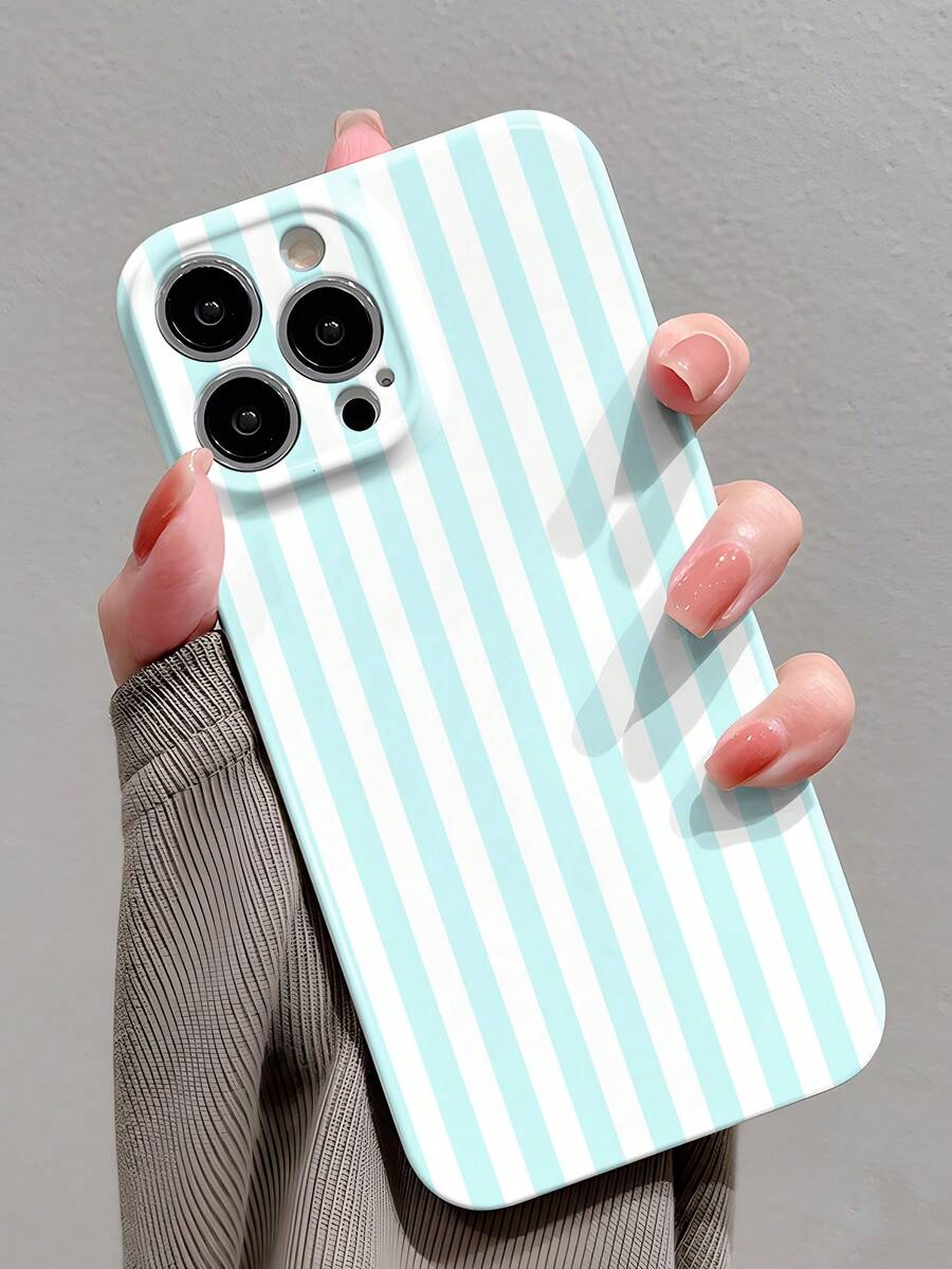 1件 極簡女孩風條紋圖案穿孔亮面薄膜全包覆硬殼手機殼，適用於 iPhone 11/12/13/14/15/16 Pro Max