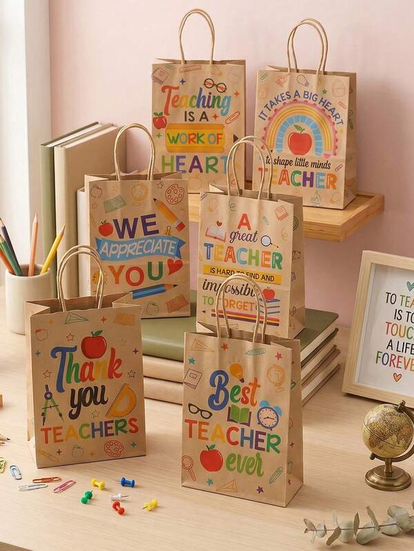 6pcs Teachers Appreciation Kraft Paper Gift Bags With Handles, Thank You Teacher Bag,Paper Bulk Thank You Gift Bag For Expressing Gratitude Teacher'S Day The Start And End Of The School Year Graduations Retirements.