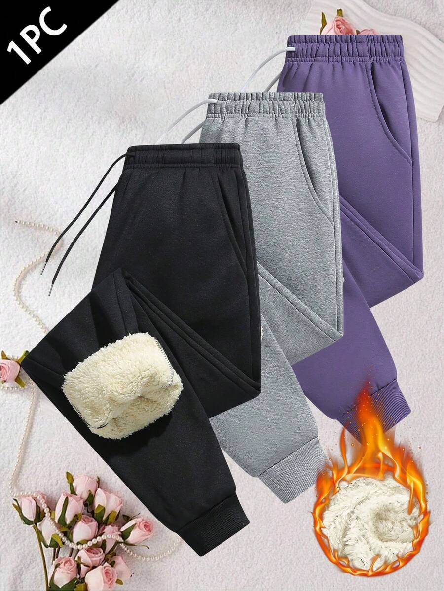 Women's Winter Solid Color Fleece Lined Outdoor Casual Pants, Versatile Long Pants For Home, Office, Party - Black - View 1