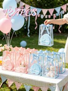 24/12/1pc Transparent Gift Bag With Ribbon, 7x10x3.15 Inch Reusable PP Holiday Gift Bag, Suitable For Baby Shower, Graduation, Wedding, Bridal Shower, Birthday Party, Business Occasions, With Hollow Handle, Gender Reveal Party Gift Bag, Guest Favors (Pink And Blue) - Multicolor - View 2