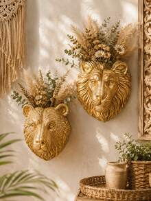 Pot de fleurs mural en résine avec tête de lion et d'ours dorés, pot de fleurs mural texturé pour plantes grasses, décoration murale de luxe, pour le mur du salon, la clôture du balcon, le porche, le mur du café & l'ornement mural de verdure moderne et glamour, décoration de jardin, pots de jardin - Nouveau style - Voir 1
