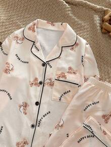 Women's Cute "Happy Bear" Print Pajama Set, Long Sleeve Long Pants 2 Pieces Loungewear, With Black Contrast Trim And 4-Button Front - White - View 4