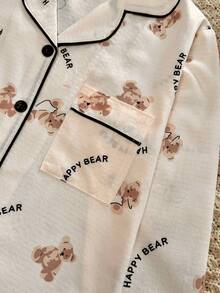 Women's Cute "Happy Bear" Print Pajama Set, Long Sleeve Long Pants 2 Pieces Loungewear, With Black Contrast Trim And 4-Button Front - White - View 6