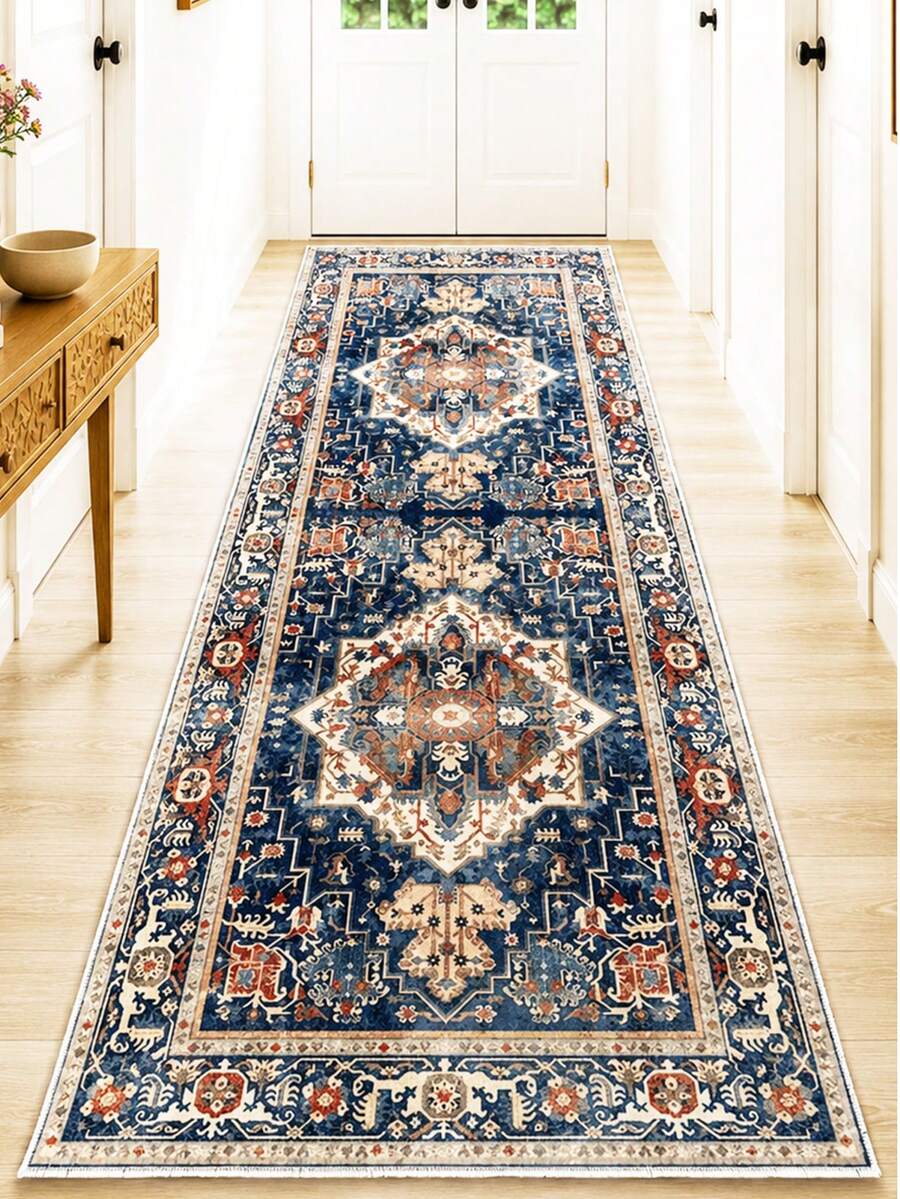 Heza Home Runner-matta, halkfri matta, tvättbar köksmatta, bohemisk hallmatta, entrématta, modern matta - Marinblå - Visa 1