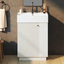 55cm Freestanding Washbasin Unit With Grooved Wood Finish, High-Quality Ceramic Basin, Removable Toilet Paper Holder And Well-Designed Storage Space – Tap Not Included, Grey - White - View 5