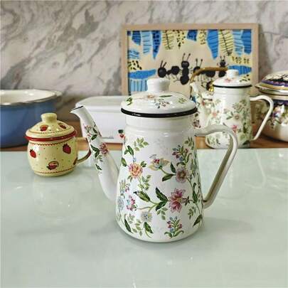 1pc Multi-Color Enamel Coffee Pot, 1.2L Exquisite Chinese Style Red And Blue Enamel Pour-Over Kettle With Long Spout, Can Be Used As Oil Pot, Home Water Kettle, Teapot, Gift Pot; Suitable For Christmas Home, Restaurant, Coffee Shop, Party Scenes, Thickened Handmade Pour-Over Kettle Tea Set Accessory, Floral Pattern Teapot, Compatible With Induction Cooktop, Gas Stove For Brewing Coffee Or Tea