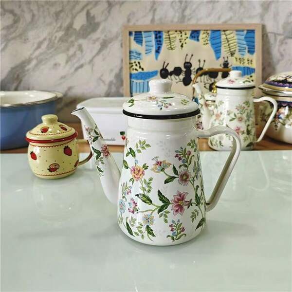 1pc Multi-Color Enamel Coffee Pot, 1.2L Exquisite Chinese Style Red And Blue Enamel Pour-Over Kettle With Long Spout, Can Be Used As Oil Pot, Home Water Kettle, Teapot, Gift Pot; Suitable For Christmas Home, Restaurant, Coffee Shop, Party Scenes, Thickened Handmade Pour-Over Kettle Tea Set Accessory, Floral Pattern Teapot, Compatible With Induction Cooktop, Gas Stove For Brewing Coffee Or Tea