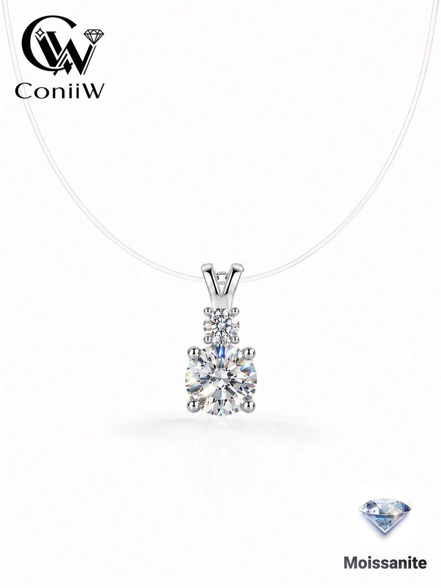 ConiiW 極簡優雅 925 純銀項鍊，配 1 克拉莫桑鑽，透明隱形魚線設計，適合日常配戴 - 銀色 - 查看 1