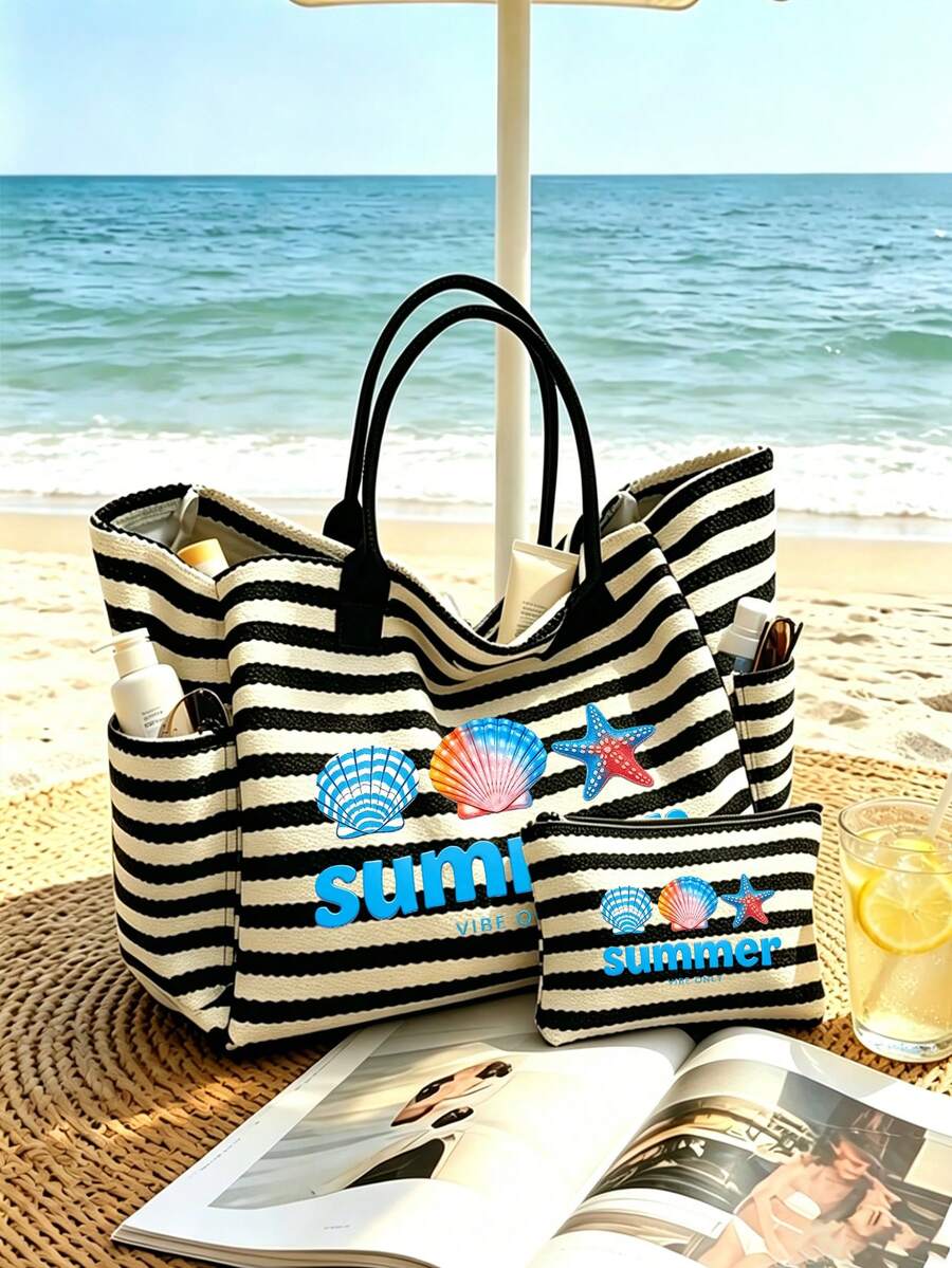 1/2件組條紋托特包與化妝包,印有「Summer」圖案,適合度假、旅行、通勤、購物,送給家人與朋友的禮物 - 彩色 - 查看 1