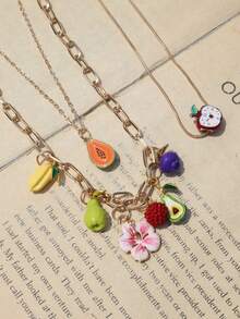 Cute Fruit Papaya Blueberry Charm Necklace Set 3pcs, Cute Red Apple Necklace, Fashion Cherry Blossom Necklace - Gold - View 8