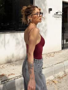 女款夏季度假外出上衣 黑色棕色露肩上衣 春季裹身上衣 吊帶背心 女式上衣 - 紅色 - 查看 4